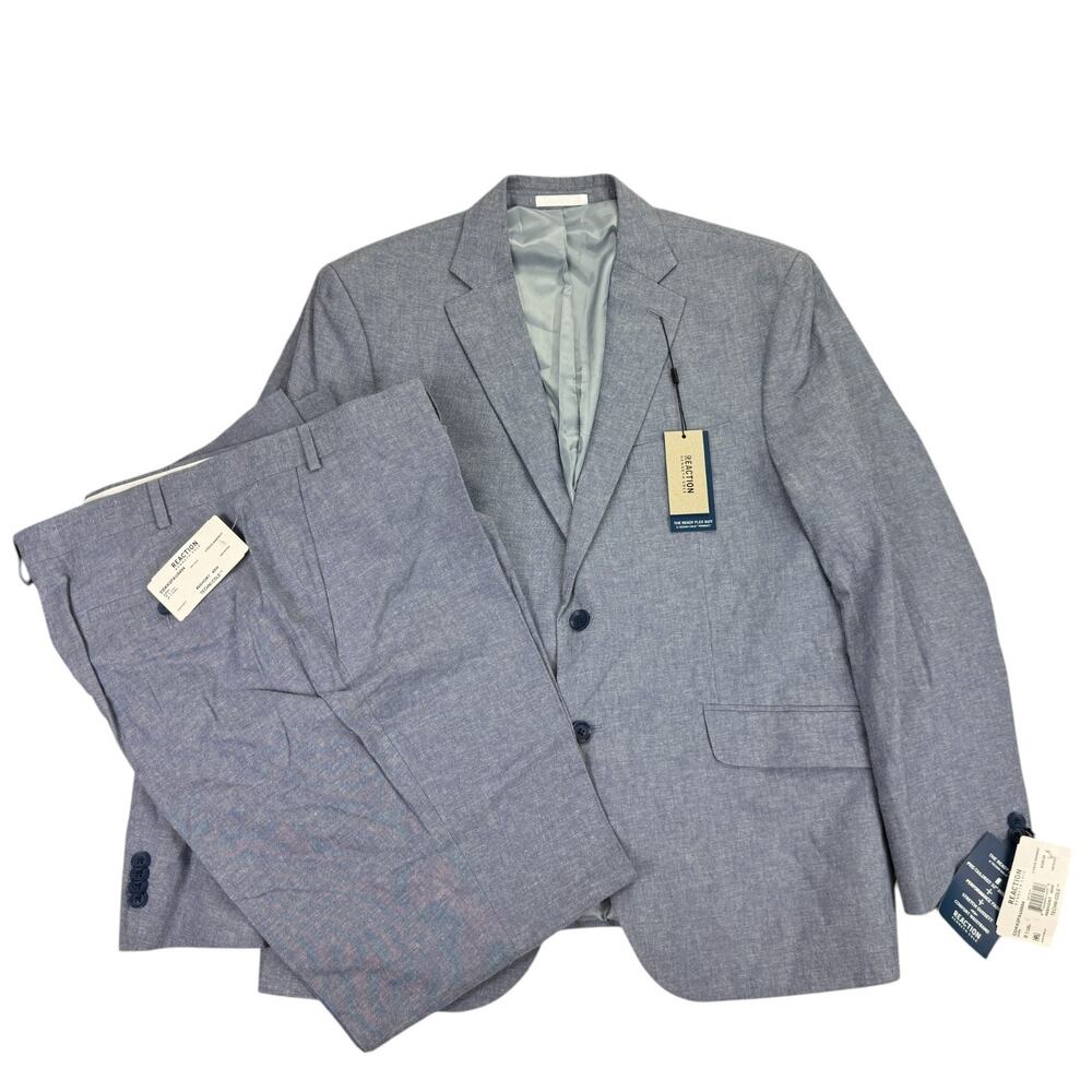 Kenneth Cole Mens 2-Piece Linen Solid Slim Fit Stretch Suit Light Blue 46S 40W